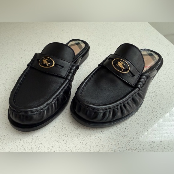 Burberry Cadet Ruched Black Leather Loafer Mule Size EU 38 US 8 - Picture 9 of 10
